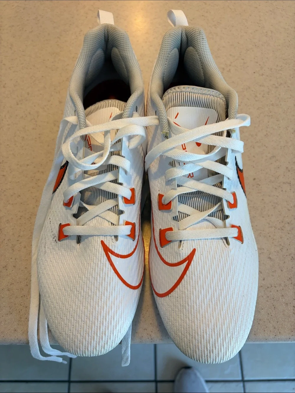 Nike Vapor Edge Speed White Football Cleats with Orange Swoosh